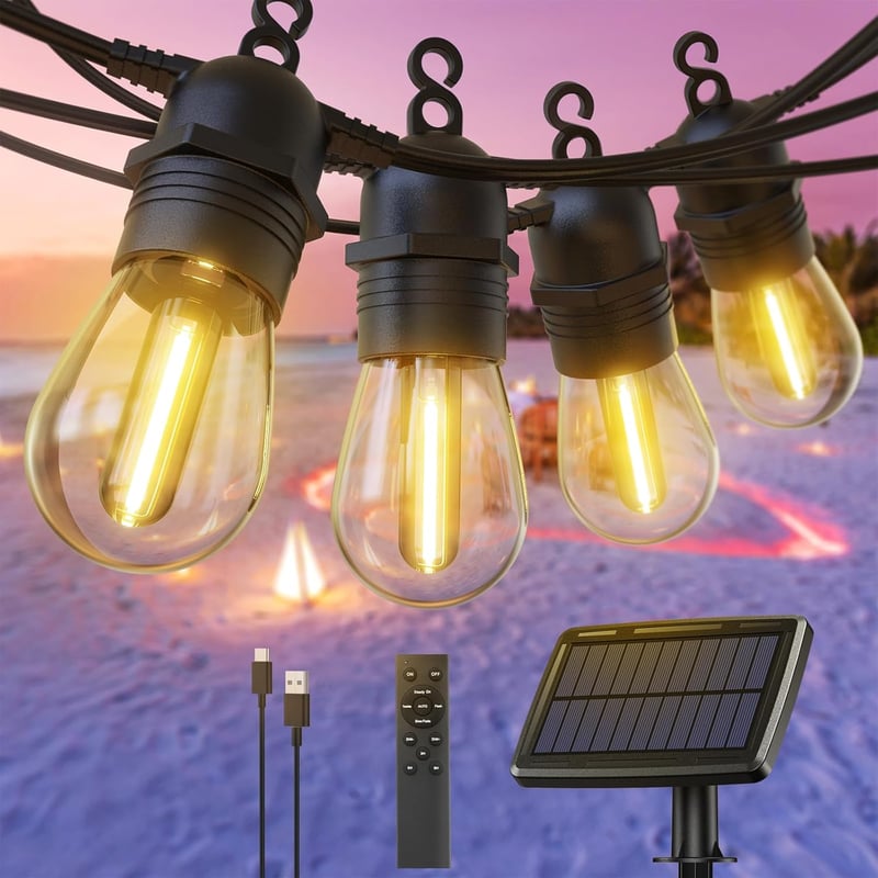 GlobaLink Kültéri Napelemes Fényfüzér 17m - 15+1 LED Izzó, USB/Napelemes Töltés, 4 Üzemmód, Távirányítóval, Dimmelhető, Kerti, Erkély, Parti