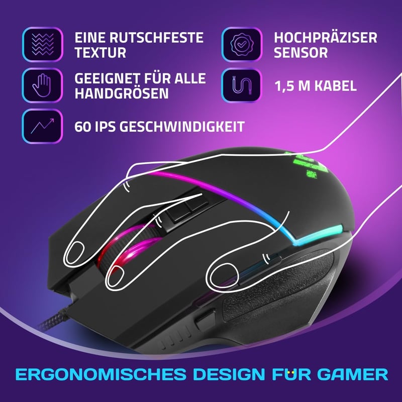 Defender Warframe GM-880L ergonomikus gamer egér, 12800 DPI, RGB, programozható gombok
