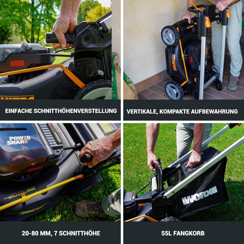 WORX WG749E PowerShare Akkumulátoros Fűnyíró 40V Kerékhajtással, Erős Kefementes Motorral, 46cm Vágásszélességgel, 7 Vágásmagassággal