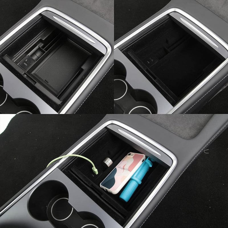 Tesla Model 3 Konzol Rendszerező - Kártyatartós, Érmetárolós, USB-s Fekete Tárolórekesz