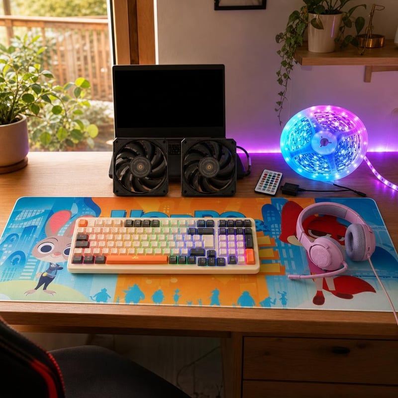 Gamer štartovací balík: 2x ventilátor + RGB klávesnica + XXL podložka + 10m LED pás + headset s mikrofónom