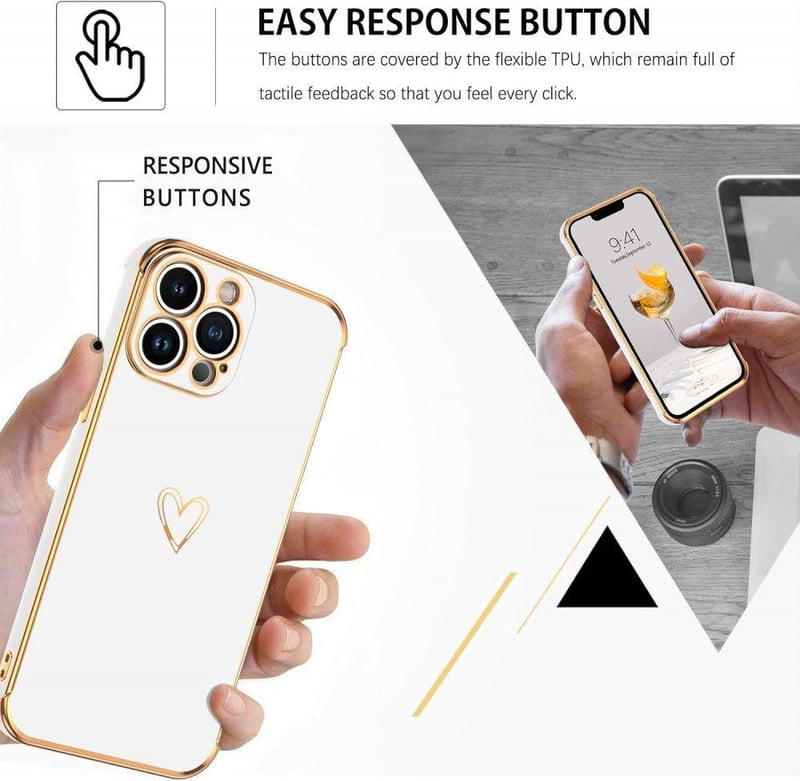 iPhone 13 Pro Max Fehér-Rosegold Szívecskés Ütésálló Szilikon Tok