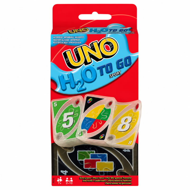 Kartová hra Mattel Games UNO H2O To Go P1703, vodoodolná s karabínkou, 2–10 hráčov, od 7 rokov — ohnuté karty (stav: pozri 2. obrázok)