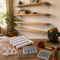 Polcépítő lendület: 4 db kapocs + 4 db konzol + 100 db M5 csavar + zöld lézer + 3 m mérőszalag + 520 szög 1