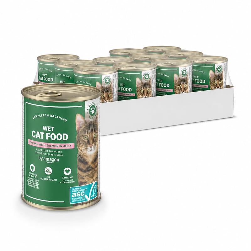 by Amazon Mokra hrana za mačke bez žitarica, komadići lososa u želeu, ASC certificirano, 12 x 405 g - Djelomičan set od 11 komada