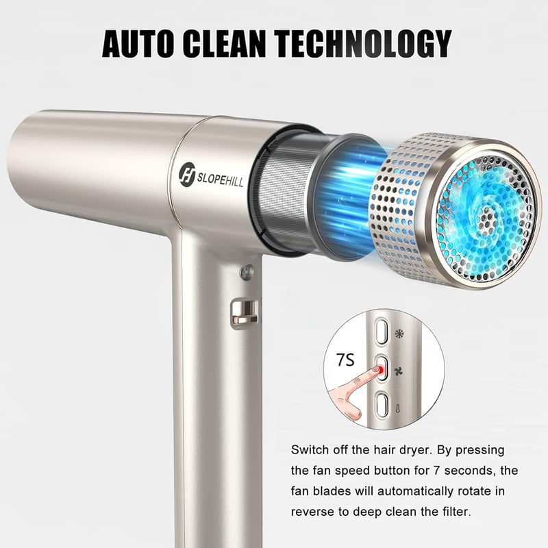 slopehill Hajszárító Kefe Nélküli Motorral - 2000W, LED Kijelző, Ionos Technológia, 268g Szuperkönnyű, 3 Hőfokozat, Automata Tisztítás, Pezs