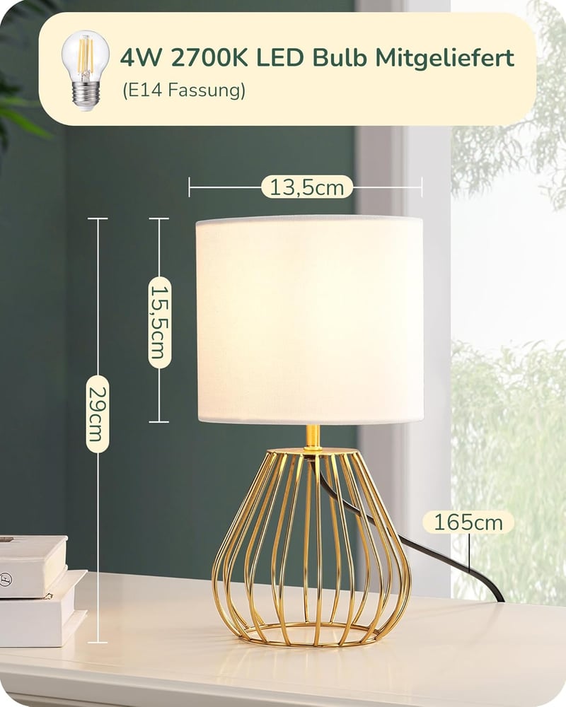 EDISHINE Modern Éjjeli Lámpa, Fehér Vászon Búrával és Arany Fém Alappal, E14 LED Izzóval, Hálószobába, Nappaliba