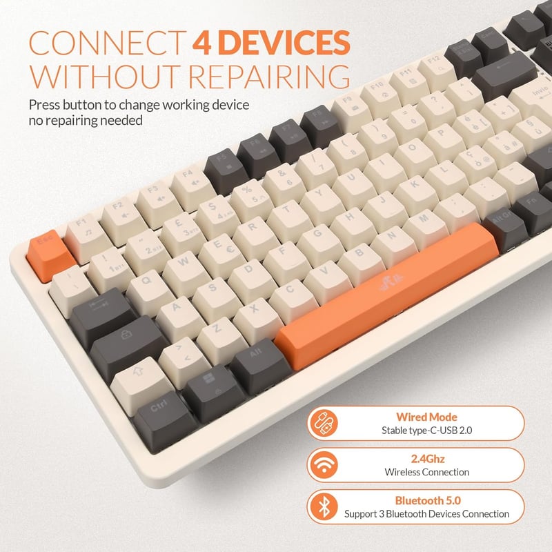 Rii Gaming RK909 Mechanikus Gaming Billentyűzet - Hármas Csatlakozás, RGB Háttérvilágítás, Cserélhető Gombok, Újratölthető Akkumulátor, PC/Lap
