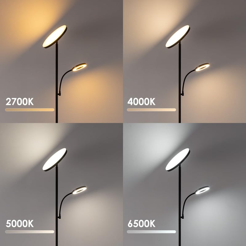 Home Sweet Home Modern LED Állólámpa Olvasólámpával - Fekete, Érintésvezérelt, Állítható Fényerő 2700K-6500K, 42W, 3636lm, 175cm Magas