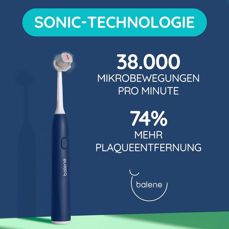 BALENE Duotech Kétoldalú Elektromos Fogkefe Szónikus Technológiával - Antibakteriális Sörtékkel, Kék, Közepes Keménységű Fejjel