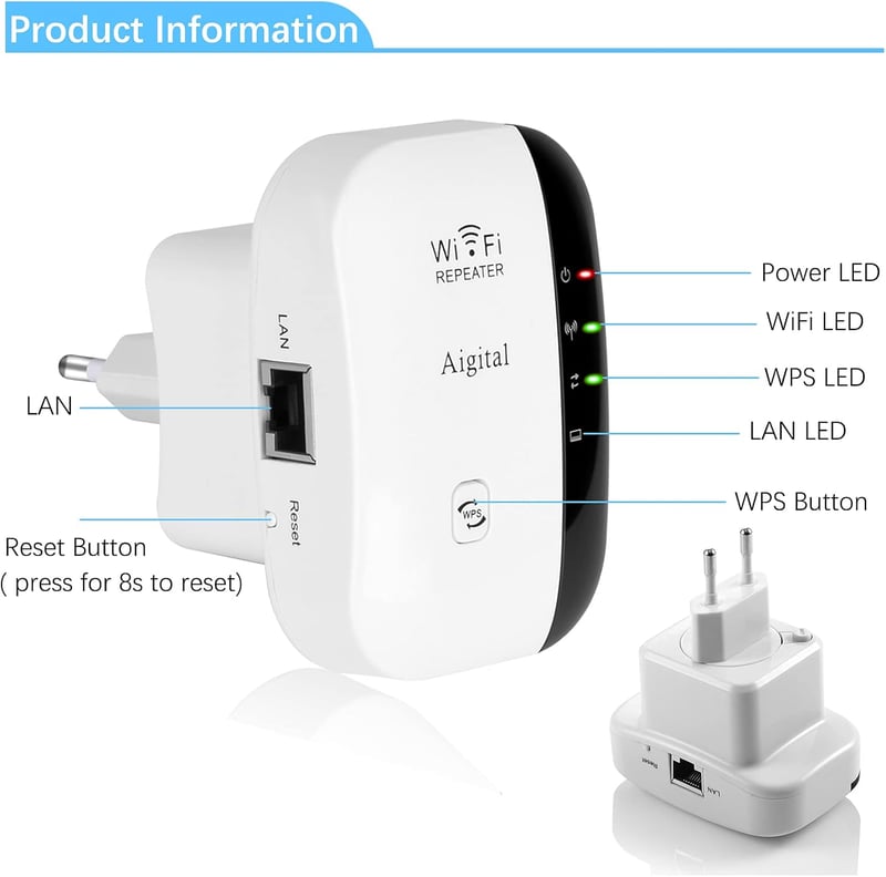 Aigital WiFi Jelerősítő és Access Point 300Mbps - Vezeték Nélküli Jelismétlő LAN Porttal, WPS Gombbal, Kompatibilis Minden WiFi Modemmel és 