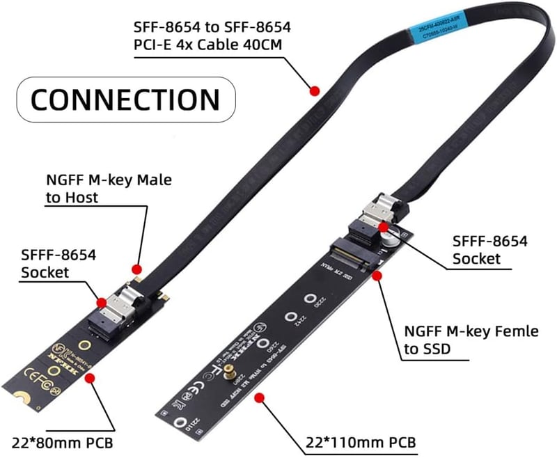 Xiwai NVME M.2 SSD hosszabbító kábel 40cm, SFF-8654 csatlakozóval