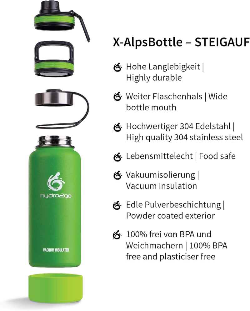 hydro2go X-AlpsBottle 1L Rozsdamentes Acél Vákuumszigetelt Termosz 3 Kupakkal