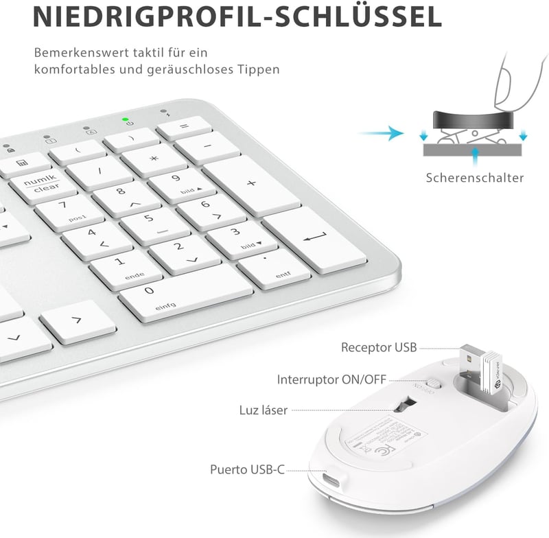 iClever Vezeték Nélküli Billentyűzet-Egér Szett - Újratölthető, QWERTZ Kiosztás, 2.4 GHz, Számgombos, PC/Laptop/Smart TV Kompatibilis, Fehér - silver