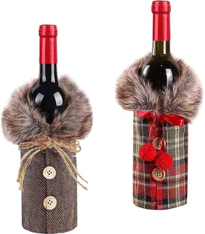 Set Huse Sticle de Vin de Crăciun - 2 buc. Decorațiuni Sticle Bordo cu Model Moș Crăciun pentru Masa Festivă, Reutilizabile din In, 24x17 cm