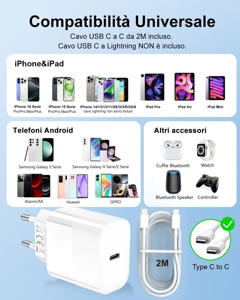 Amoner 30W USB-C Gyorstöltő + 2m Kábel - iPhone 16/15, Samsung S24/S23, iPad Kompatibilis PD 3.0 Hálózati Adapter Xiaomi Telefonokhoz