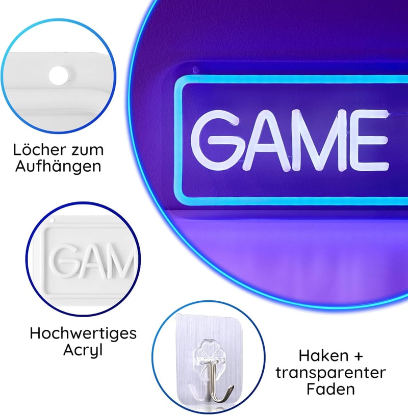 NELUX Game Zone Neon LED Világító Dekoráció - USB Csatlakozós Fali Lámpa Fényerőszabályzóval Gamer Szobába, Játékterembe