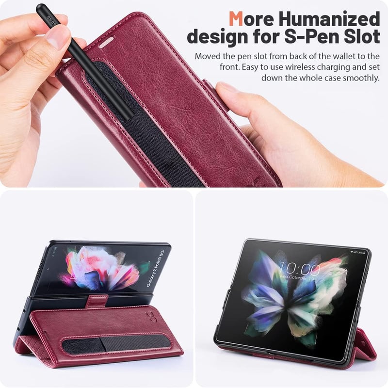 Samsung Galaxy Z Fold 4 5G OCASE bőrtok S Pen tartóval, RFID védelemmel - Burgundi