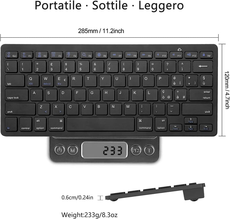 FOGARI Vezeték Nélküli Bluetooth Billentyűzet - Ultravékony, Hordozható, Kompatibilis iPad, Android, Windows, MacOS Eszközökkel, Fekete
