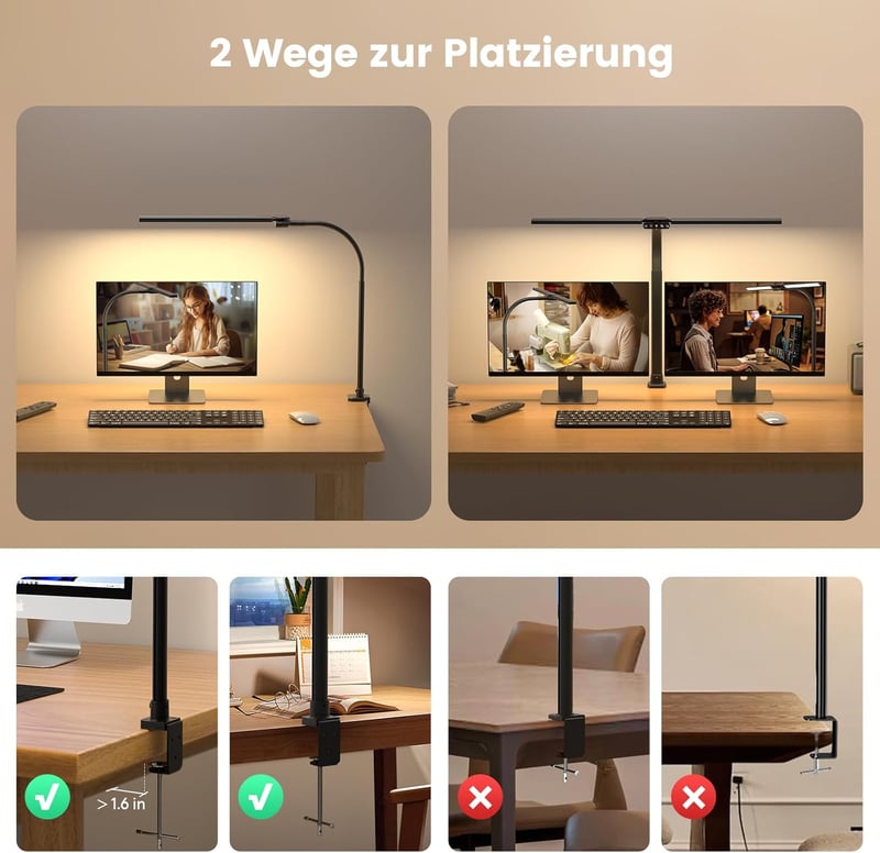 SIBRILLE RGB Dupla Fejes Asztali Lámpa - 22W LED, 80cm, Csíptethető, Távirányítós, Állítható Színhőmérséklet, Szemvédő Monitor Világítás