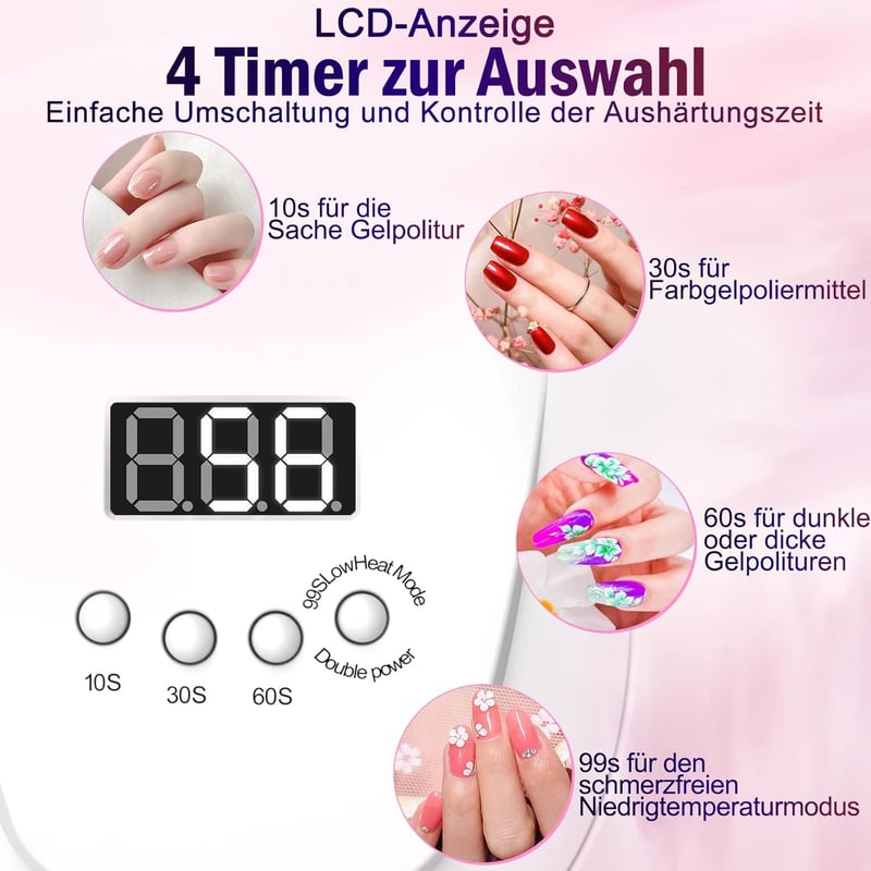 NAILGIRLS 168W-os UV LED Műköröm Lámpa, 4 Időzítővel és LCD Kijelzővel