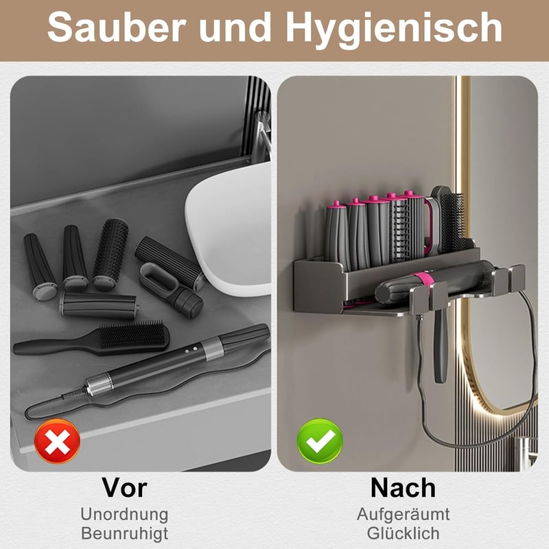 W&H Hajszárító Tartó Fali Fúrás Nélküli Rozsdamentes Acél Állvány Dyson Airwrap Styler Hajformázókhoz - Fekete
