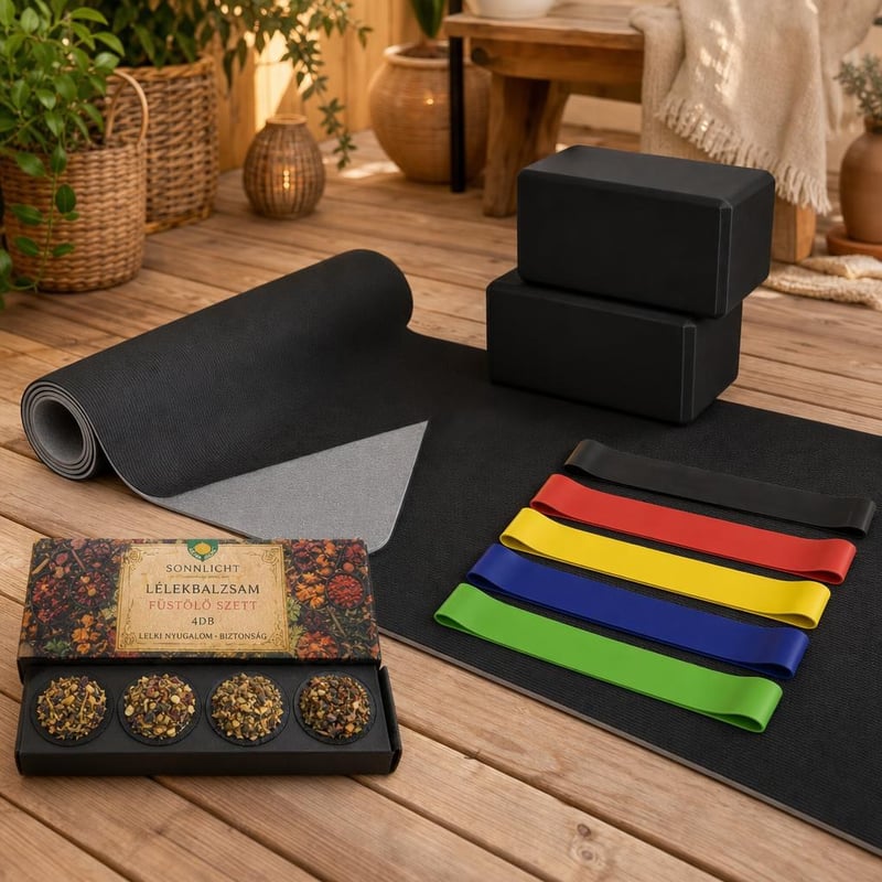 Yoga set za početnike: protuklizna podloga + 2 bloka + 5 traka + 4 mirisna štapića