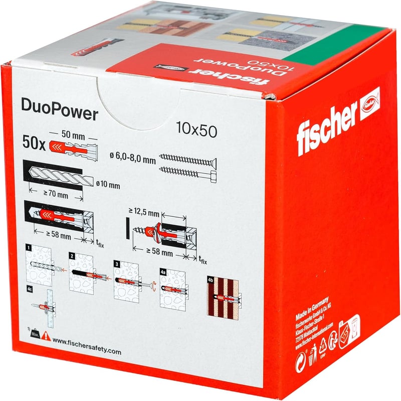 fischer DuoPower 10 x 50 Univerzális Tipli - 2-Komponensű Műanyag Dübel Betonhoz, Téglához, Gipszkartonhoz - 50 db-os Csomag