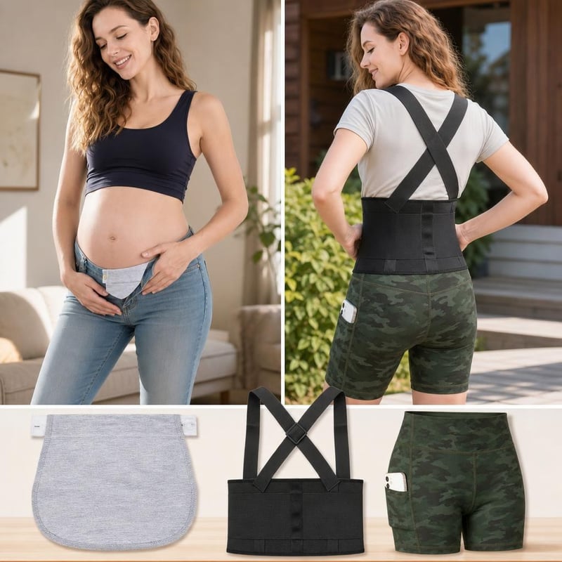 Terhességi komfortcsomag: nadrágbővítő 3XL + háttámasz öv M + magas derekú sportleggings L