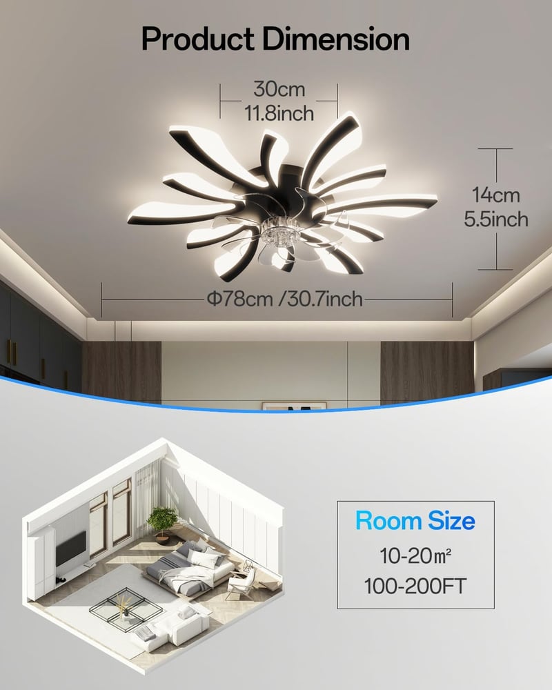 YUNLONG 78 cm Fekete Mennyezeti Ventilátor LED Világítással - Távirányítós, Szabályozható, 6 Sebességes, Csendes DC Motor, Nappali és Hálósz