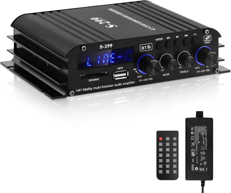 Sikkeby S-299 4.1 Bluetooth HiFi Erősítő, 40Wx4+50W RMS, 800W Max Teljesítmény, Passzív Mélynyomó Kimenet, USB/SD/AUX Csatlakozás, Otthoni H