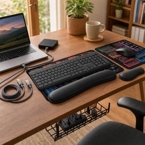 Pachet Office Focus: tastatură+mouse wireless + 2 mousepad-uri + suport încheietură + organizator cabluri
