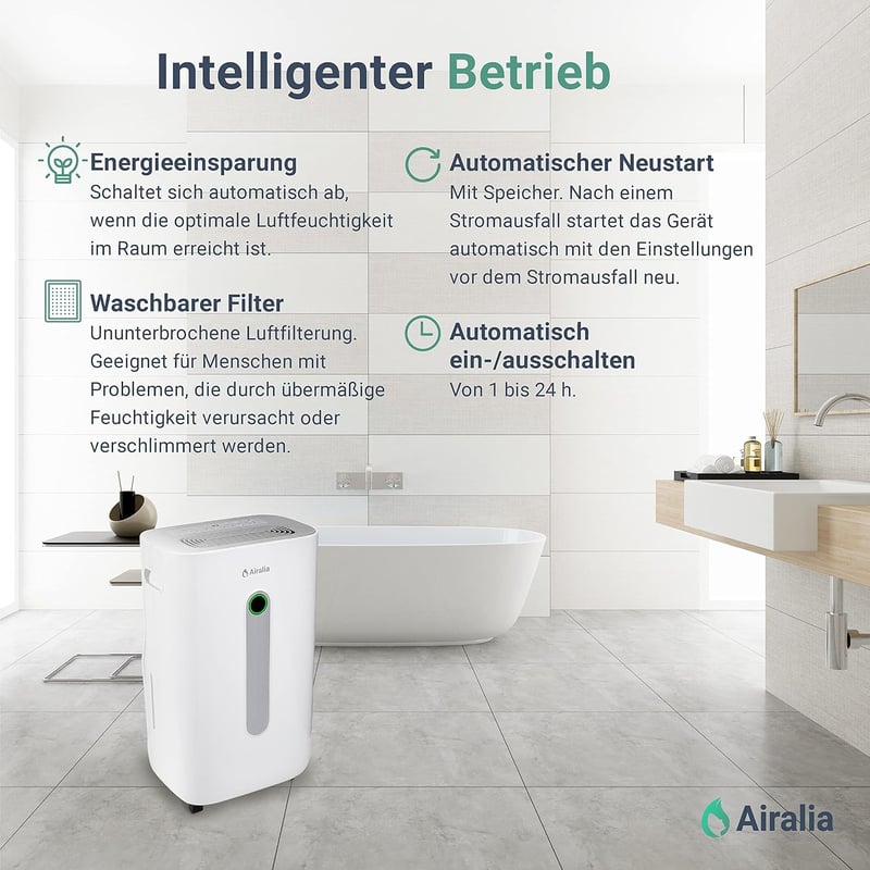 Airalia AIR-DH20 Elektromos Párátlanító 20L/nap - 6,5L Tartály, Tömlős Vízelvezetés, 195m³/óra Légáramlás, 40m² Helyiségekhez