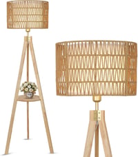 Rayofly Fa Állólámpa Polccal - Vintage Rattan és Lenvászon Lámpaernyővel, Tripod Állvánnyal, Bohém Stílusú Világítás Nappaliba, Hálószobába, 1