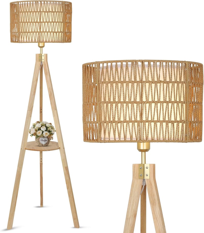 Rayofly Fa Állólámpa Polccal - Vintage Rattan és Lenvászon Lámpaernyővel, Tripod Állvánnyal, Bohém Stílusú Világítás Nappaliba, Hálószobába,
