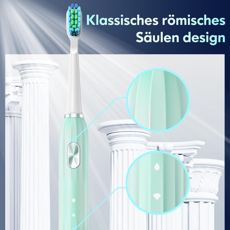 DADA-TECH Elektromos Fogkefe - Szónikus Technológia 5 Tisztítási Móddal, Időzítővel, 9 Pótfejjel, Felnőtteknek és Gyerekeknek (Zöld)