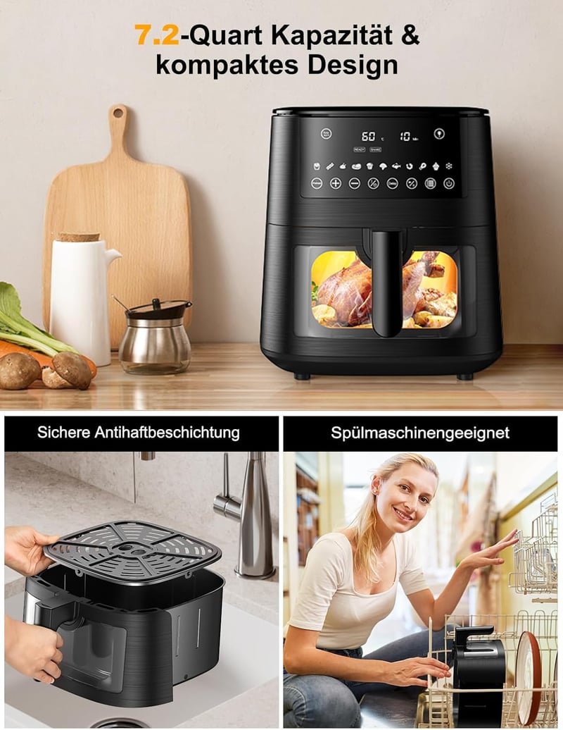 Cookwise 7,2L Forrólevegős Sütő Betekintő Ablakkal - 13 az 1-ben XXL Airfryer Előmelegítés, Melegen Tartás és Kiolvasztás Funkcióval, Olajme