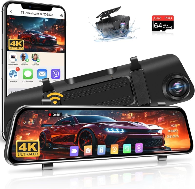4K WiFi Tolatókamera Tükör 12" - Autós Menetrögzítő Kamera Szett Előre-Hátra 170° Látószöggel, Éjjellátóval, 64GB Kártyával, 12-24V