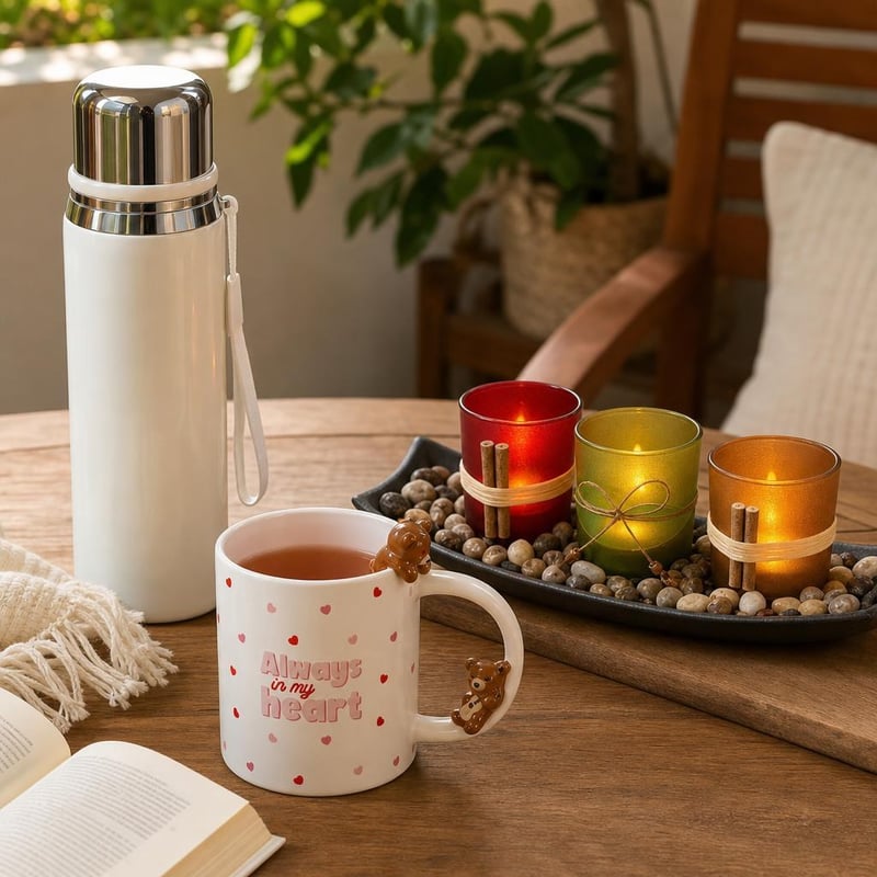 Darčekový set na čaj: 1x hrnček 350ml + 1x termoska 800ml + 3x LED sviečka