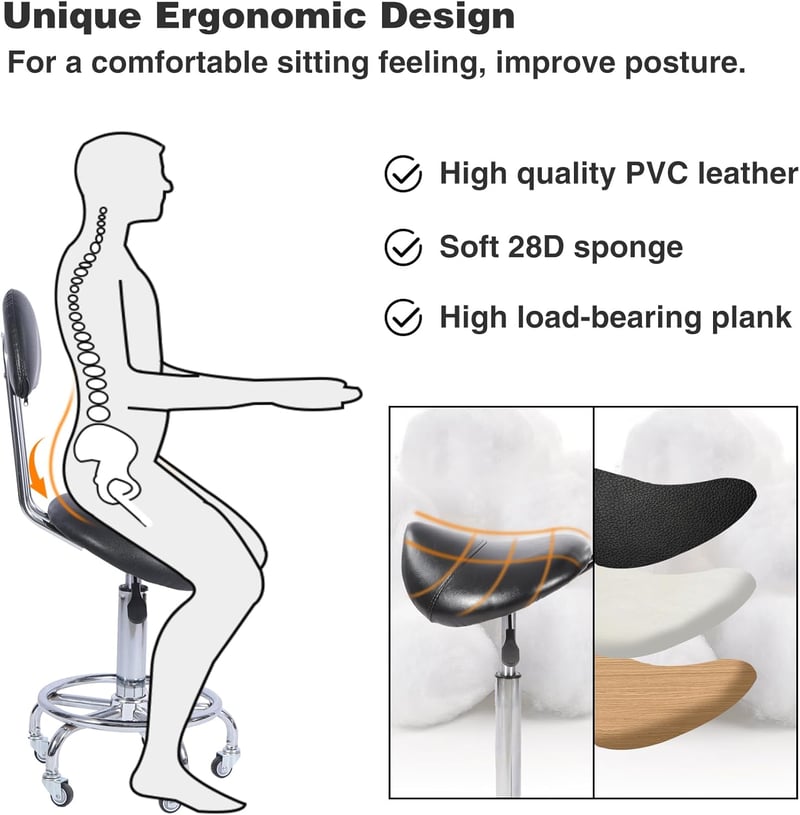 REDCAMP Ergonomikus Nyeregszék Görgőkkel és Háttámlával - 360° Forgatható, Állítható Magasságú Irodai Szék, 180 kg Teherbírás, Csendes Kerek