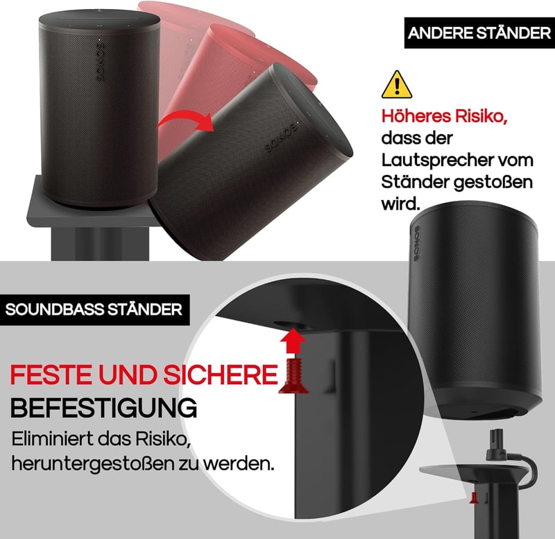 Sound bass Állvány Szett Sonos ERA 100, Sonos One és Play 1 Hangszórókhoz - Fekete Padlóállvány Pár Kábelvezetővel, 93,5 cm Magasság, Univer