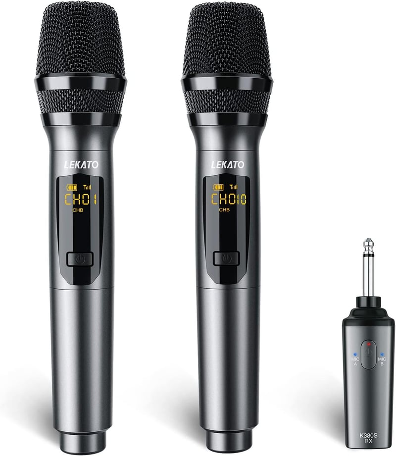 LEKATO K380S Vezeték Nélküli Mikrofon Szett - Fém Kézi Mikrofonok 30 Órás Üzemidővel, Újratölthető, Karaoke, DJ,  Rendezvények 