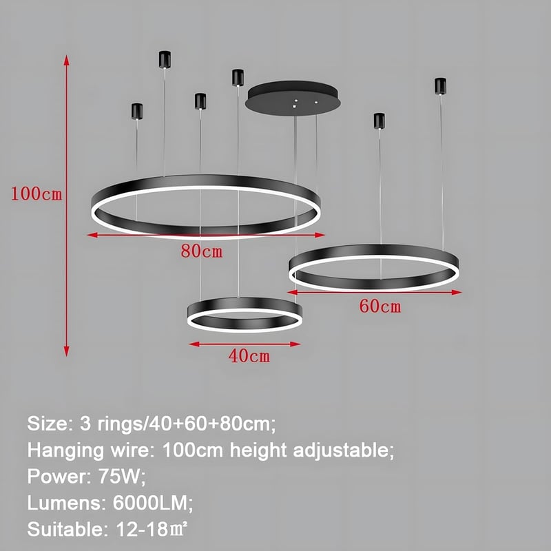 YYUTLUO Modern LED Csillár - 3 Fekete-Arany Gyűrű (40+60+80cm), 90W, Távirányítható, Fényerőszabályozható Mennyezeti Függőlámpa Nappaliba