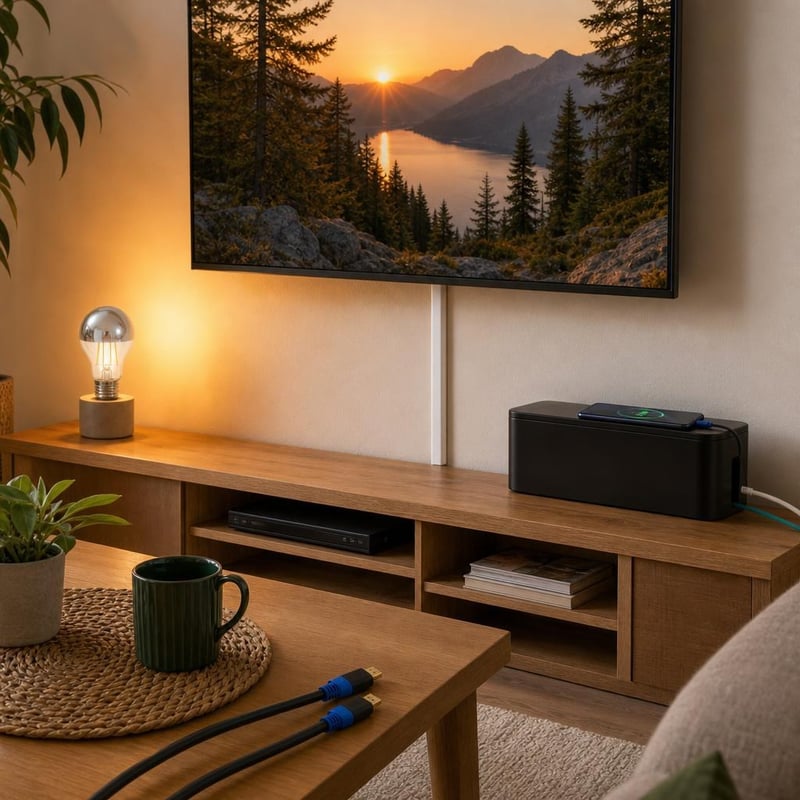 Pachet Organizare TV: 9x canal cablu (3,24m) + cutie cabluri + cablu HDMI 8K 3,1m + bec LED E27