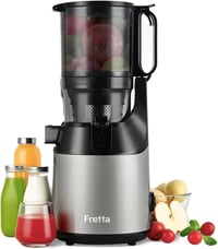Fretta Slow Juicer 135mm XXL Nyílással - 1,8L Hidegpréselő Gyümölcs és Zöldségprés, Egész Gyümölcsökhöz, BPA-mentes Tritan Anyag, 250W, Szür 7