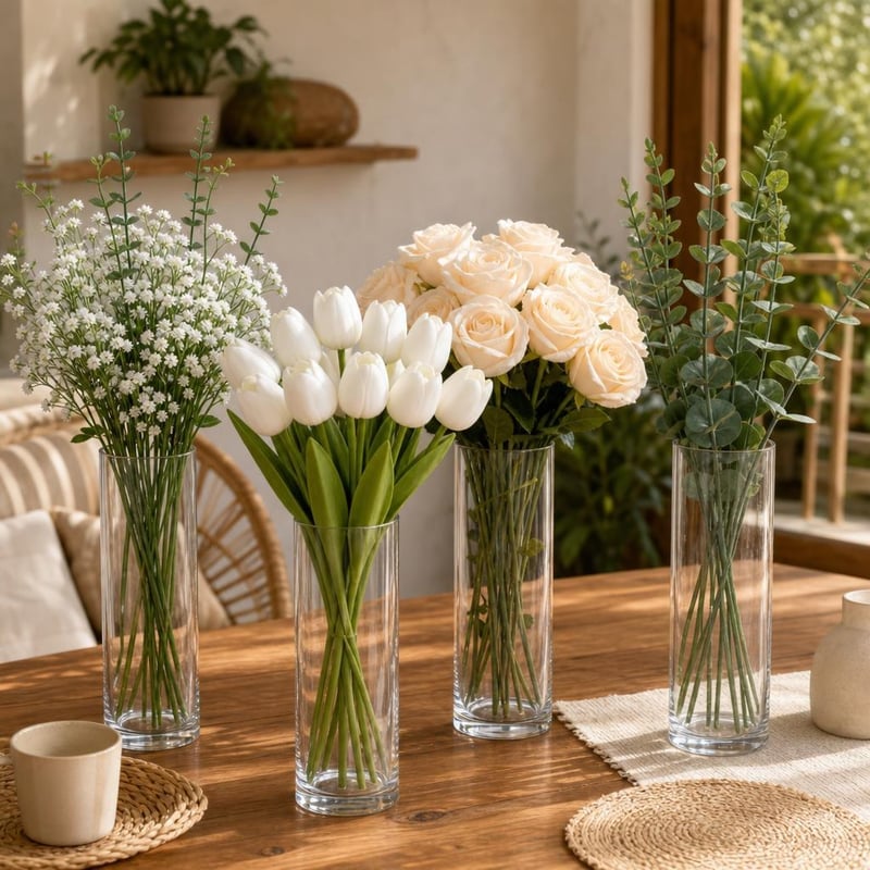 Stolová kvetinová dekorácia: 4x váza + 10x gypsophila + 10x eukalyptus + 12x tulipán + 15x ruža