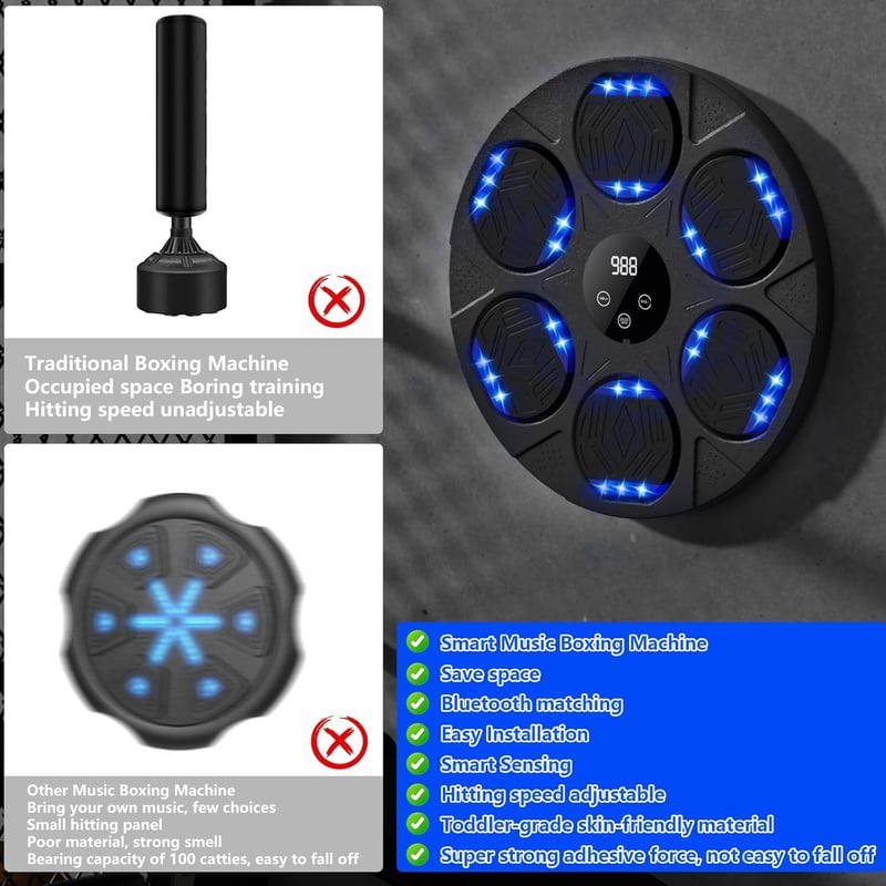 LPQKCcY Zenélő Boxgép LED Világítással - Falra Szerelhető Bluetooth Ütőgép Boxkesztyűkkel - Otthoni, Beltéri Edzőtermi Használatra