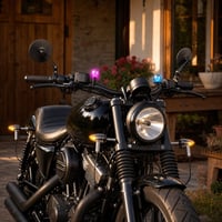 Kanyarbiztos motorcsomag: 4 db távtartós irányjelző + 2 db kormányvég-tükör + 2 db LED fény + Harley tanksapka 1