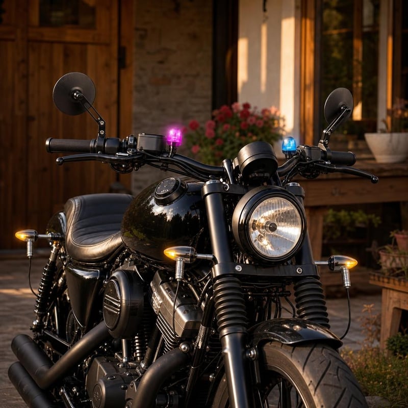 Kanyarbiztos motorcsomag: 4 db távtartós irányjelző + 2 db kormányvég-tükör + 2 db LED fény + Harley tanksapka