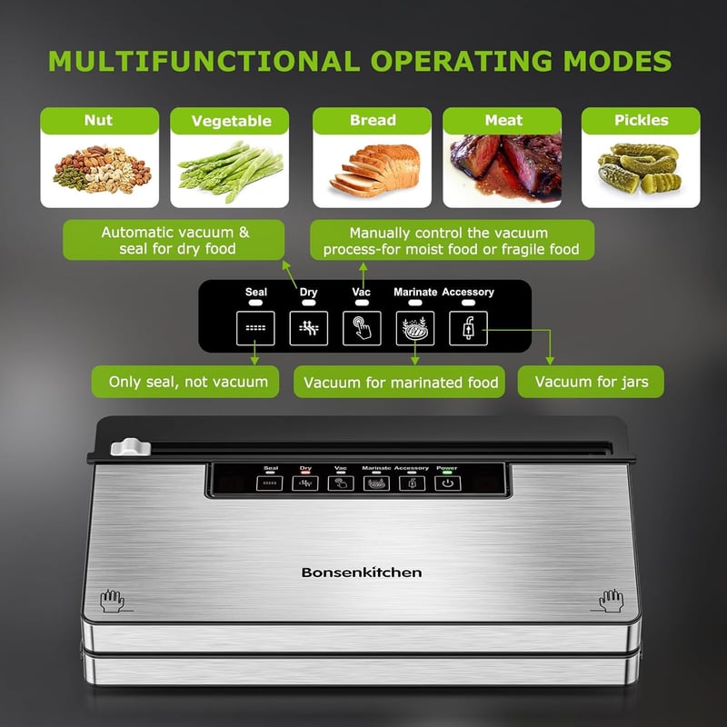 Bonsenkitchen VS3000 Vákuumfóliázó 5 Üzemmóddal - Beépített Vágóval, 130W Nagy Teljesítmény, Folyamatos Működés, 10 Zacskóval és 1 Tekerccse